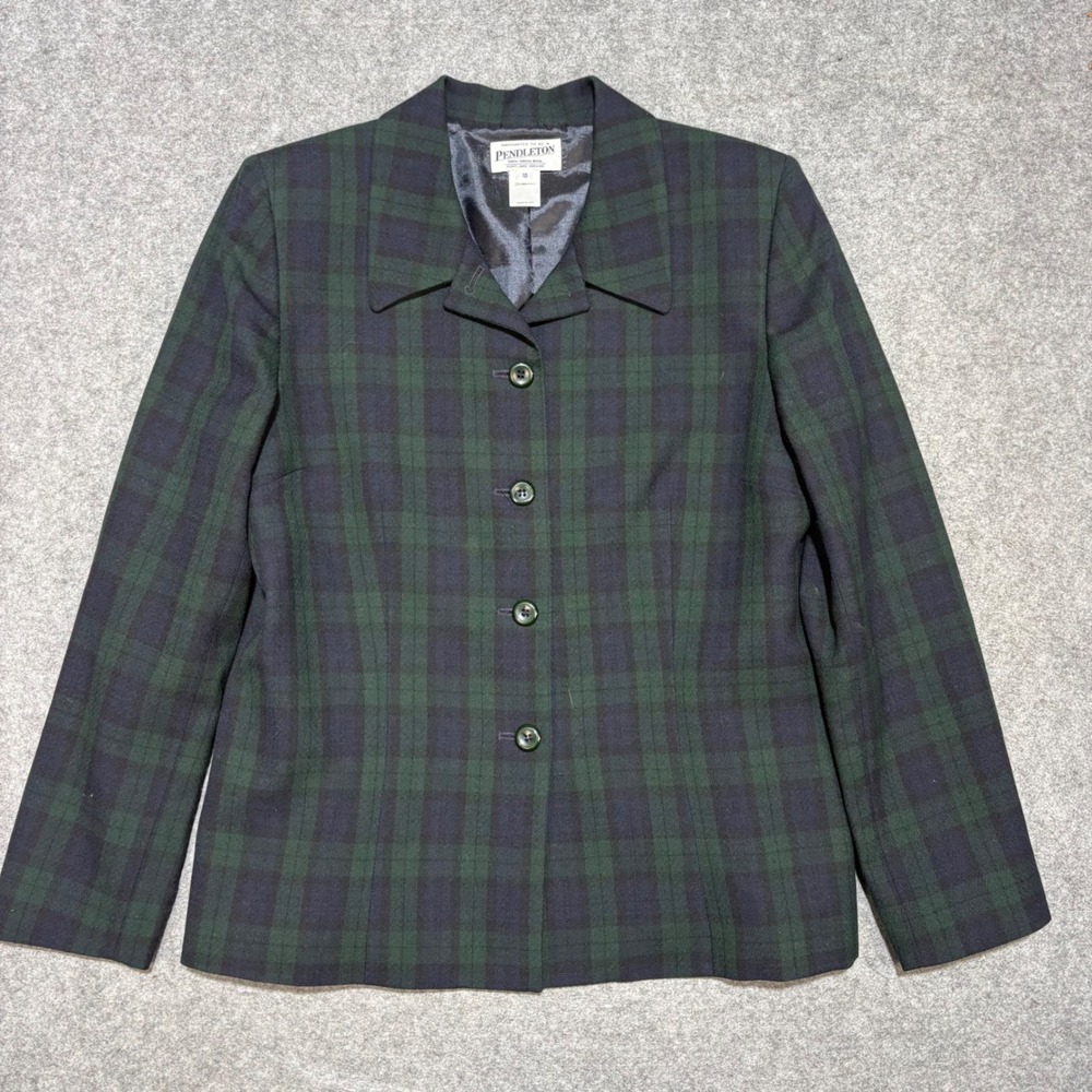 Pendleton Womens 10 Black Watch Plaid Virgin Wool Blazer Jacket Green Blue USA